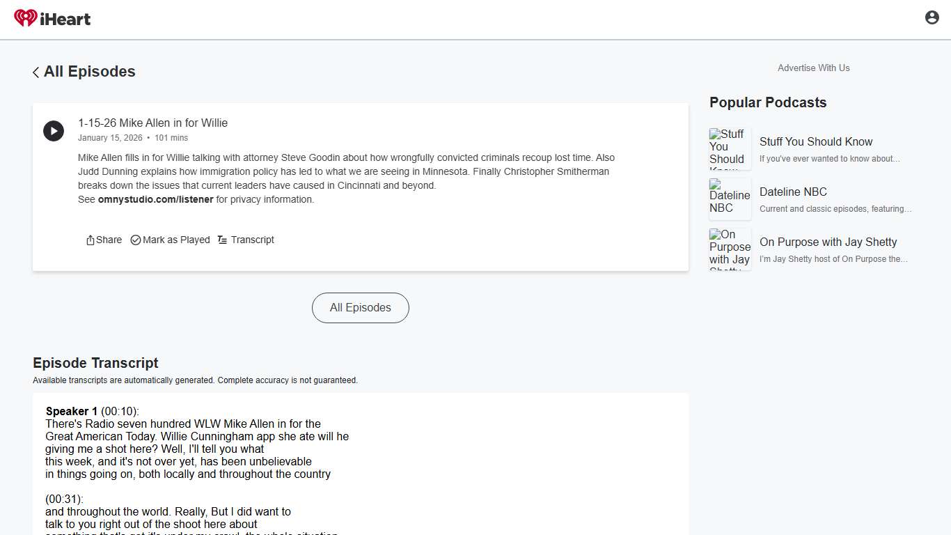 1-15-26 Mike Allen in for Willie - Bill Cunningham | iHeart